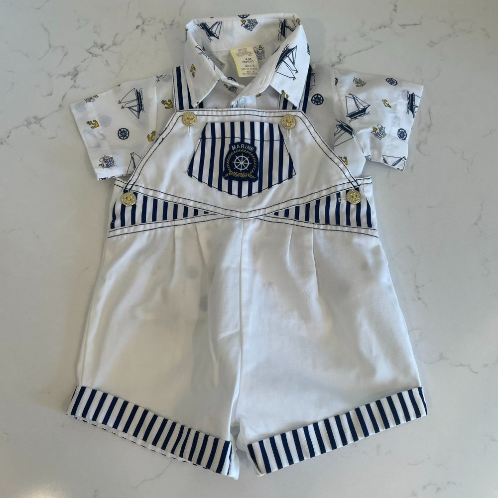 Baby Toddler Boys 2-piece Nautical Sailor Shortall Romper 12 Mos White Blue